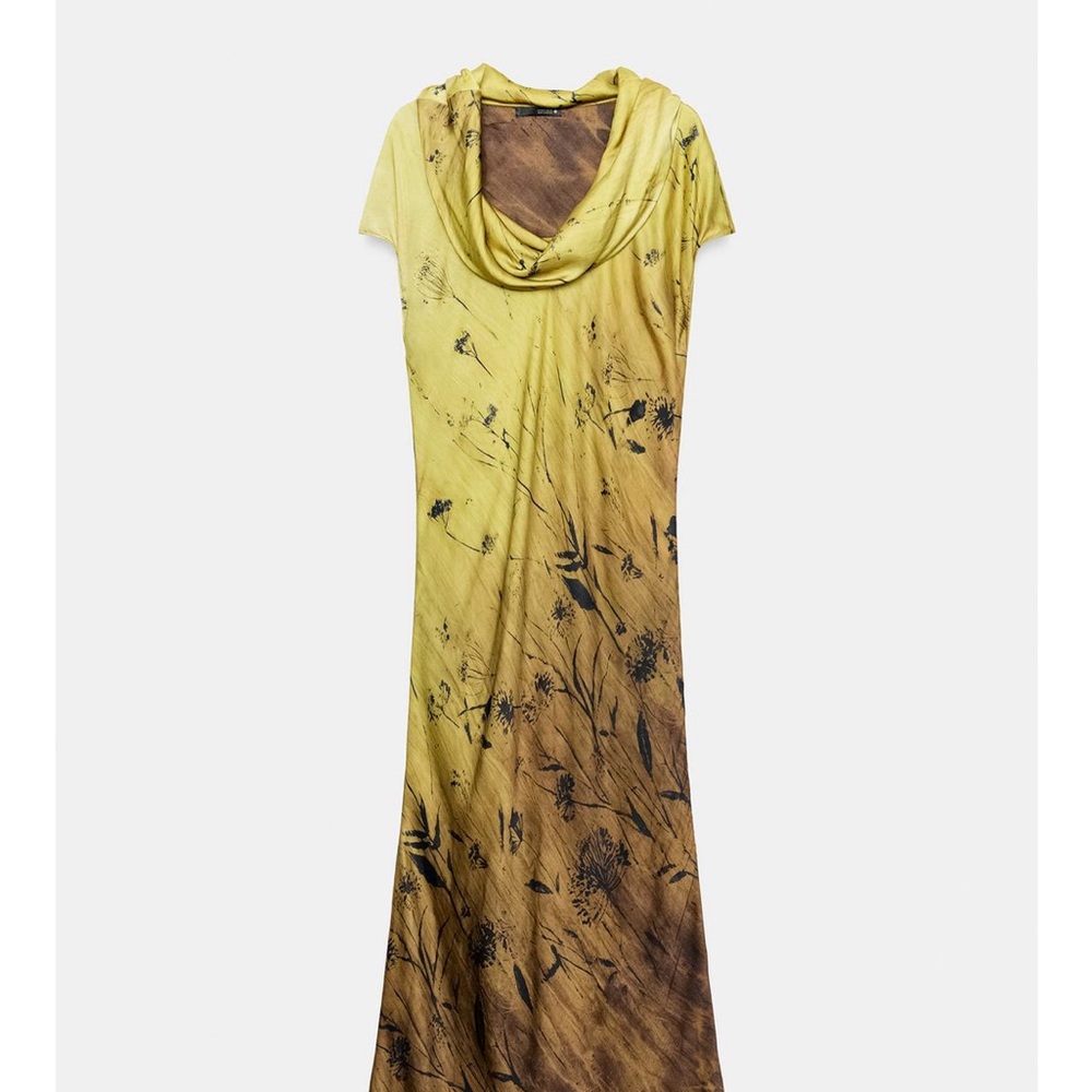 NEVER WORN Zara Yellow Ombre Floral Cowl-Neck Maxi Dress with Brown Accents